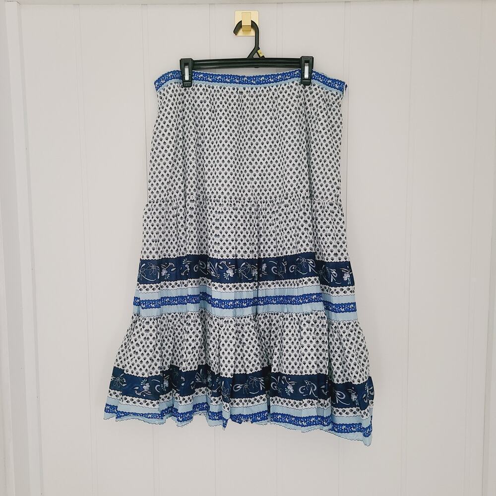 J. Crew Block Print Tiered Maxi Skirt Blue Boho Cotton Size XL